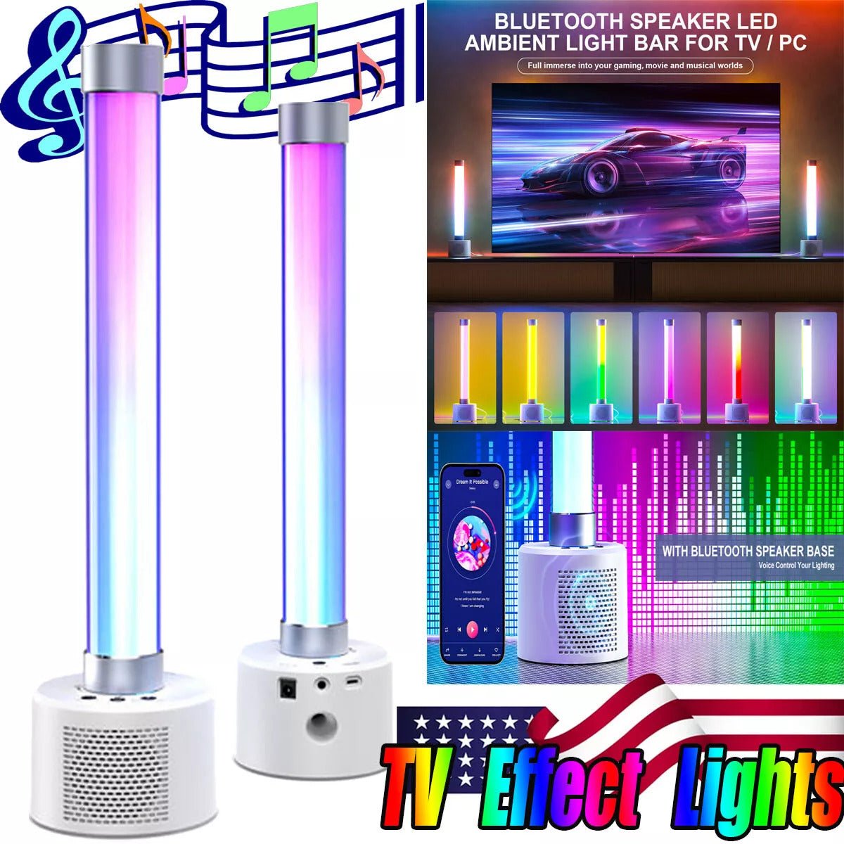set of 2 bluetooth led light bar with speaker – sync music reactive ambience lights