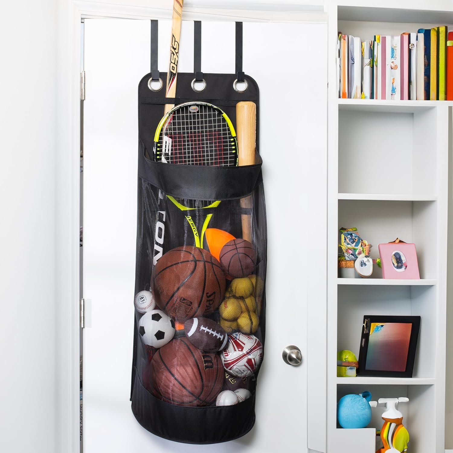 over the door mesh sports organizer – ball, bat & racket storage