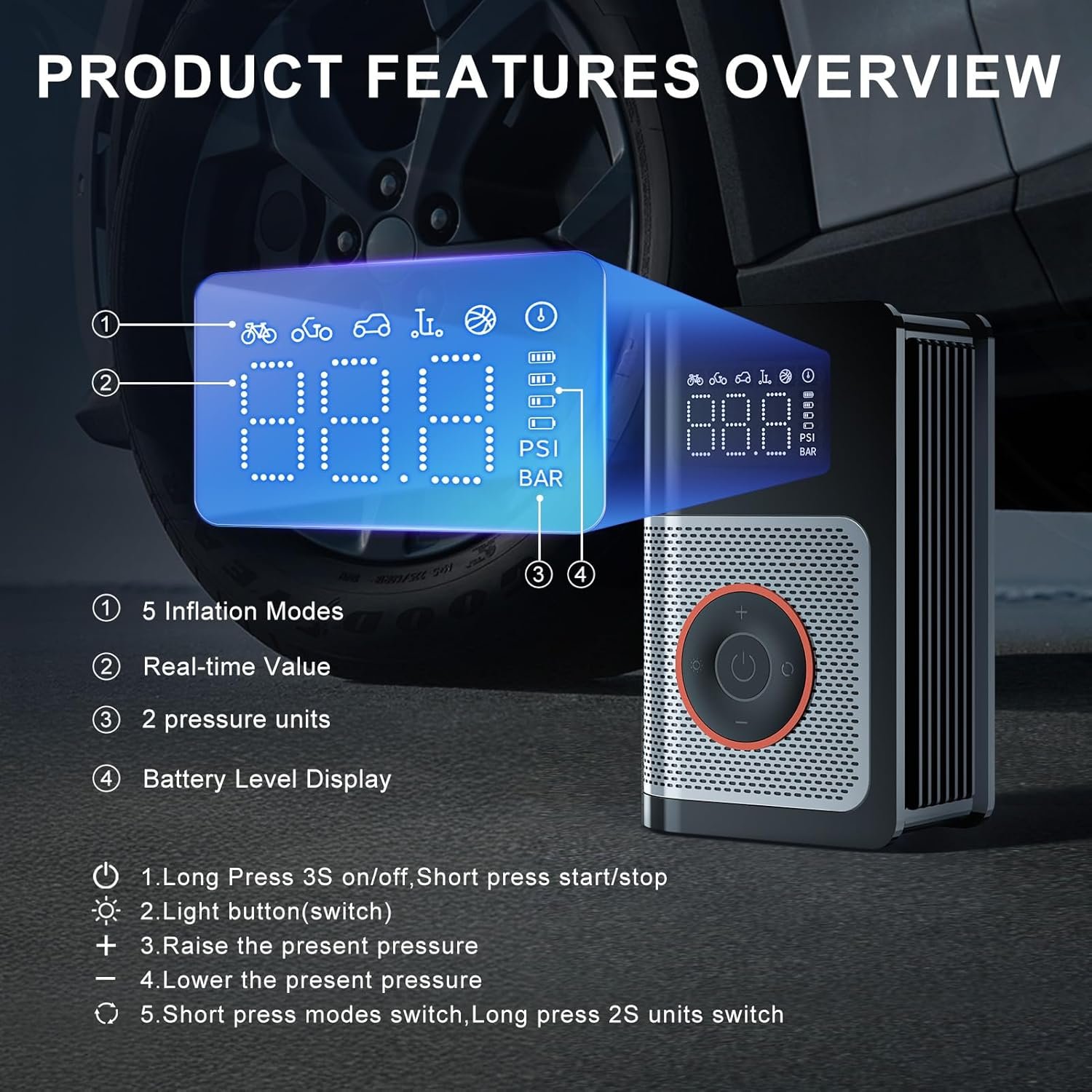 portable tire inflator air compressor – 160 psi with gauge, memory & power bank portable tire inflator air compressor – 160 psi with gauge, memory & power bank
