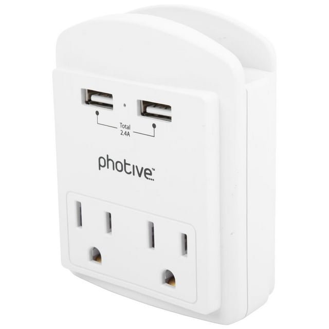 photive compact usb wall plug – surge protector with 2 ac outlets + 2 usb ports & phone holder