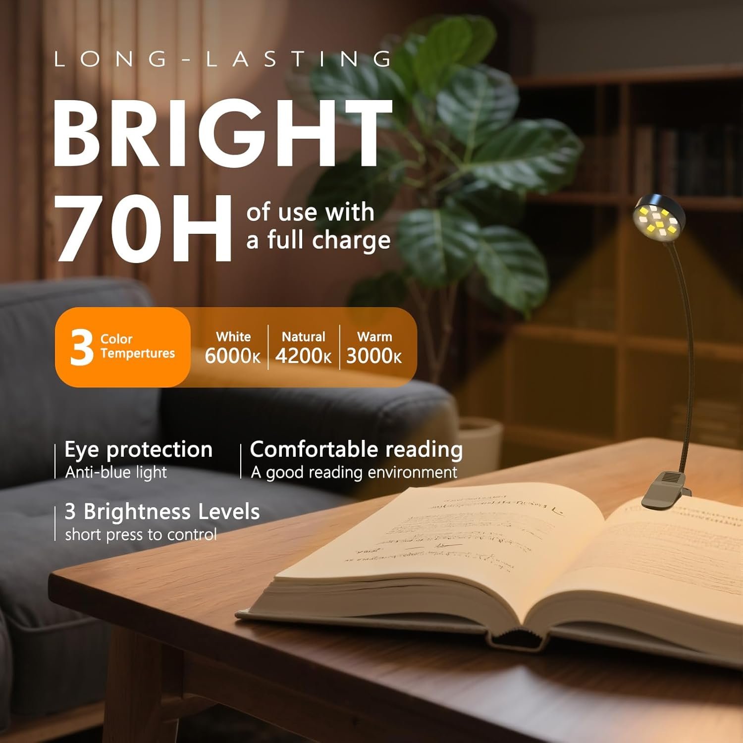 rechargeable book light – clip on reading lamp – 3 color temperatures & adjustable brightness rechargeable book light – clip on reading lamp – 3 color temperatures & adjustable brightness
