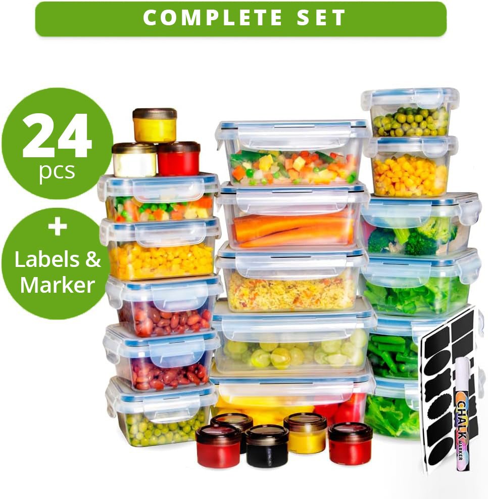 24pc bpa free food storage container set with leakproof lids includes labels! 24pc bpa free food storage container set with leakproof lids includes labels!