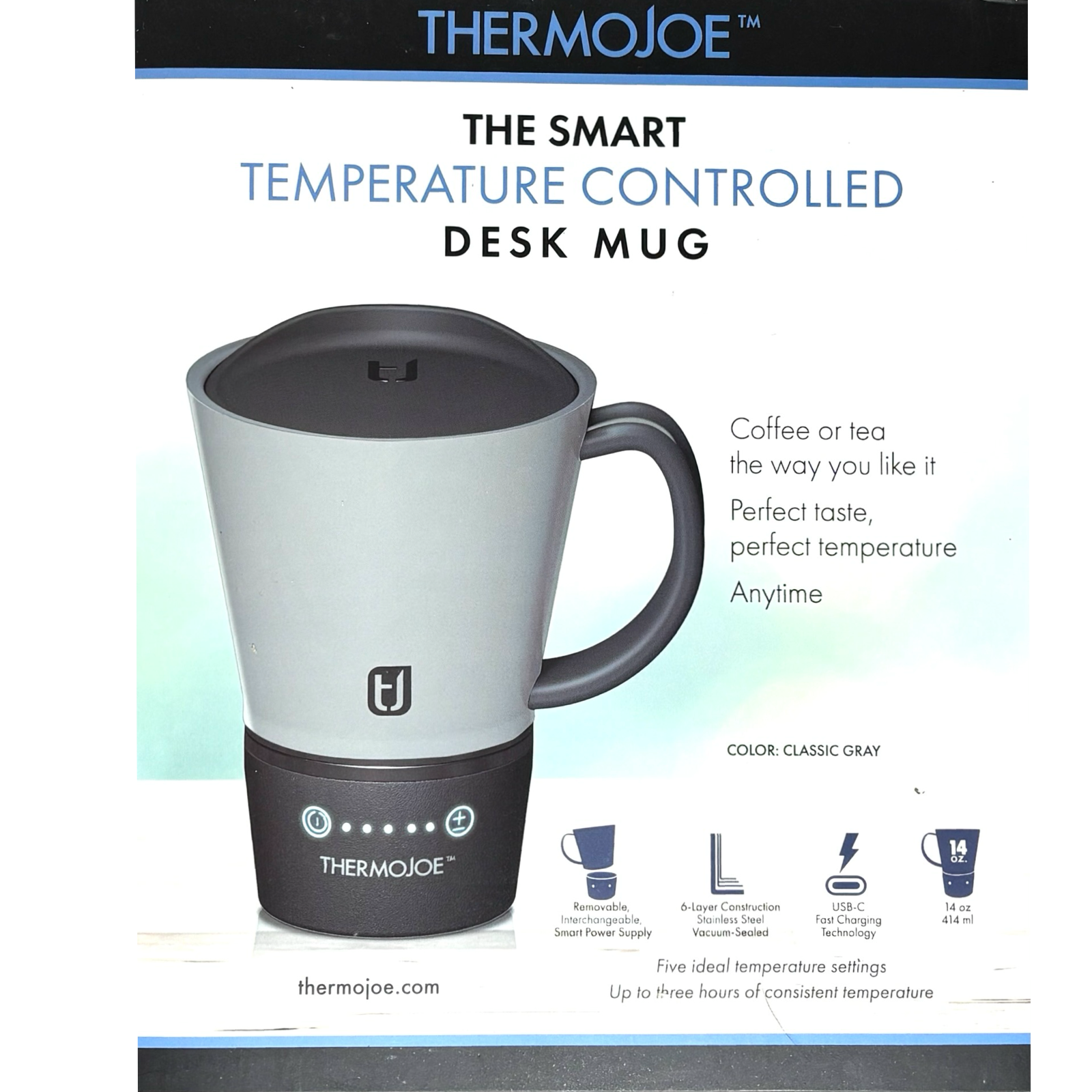 14oz grey thermojoe temperature controlled desk countertop mug