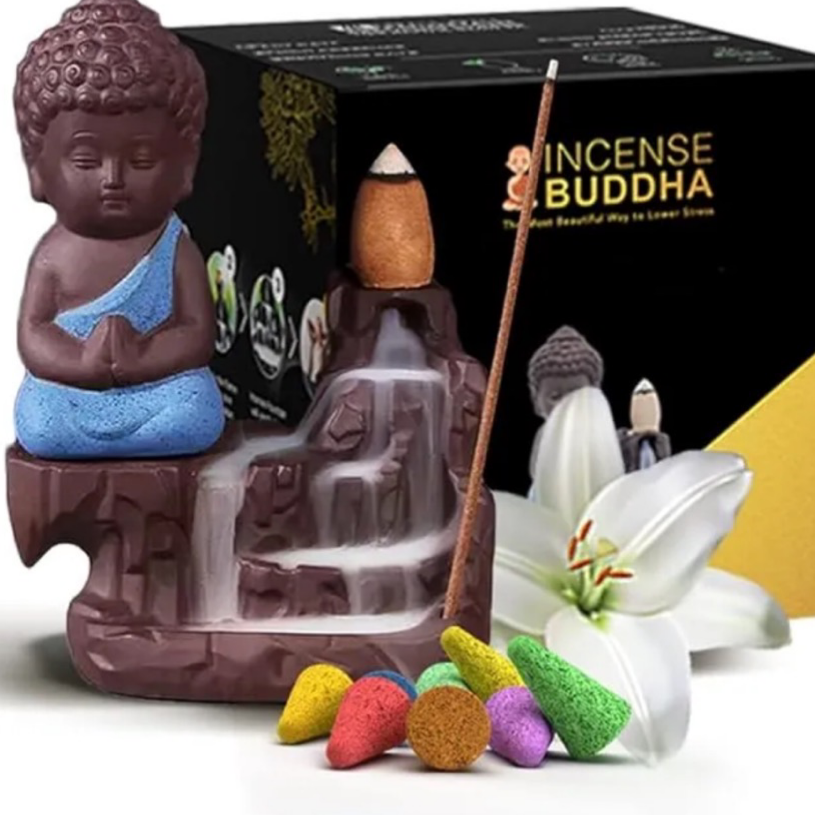 5" buddha incense burner w/ backflow design 10 incense cones included