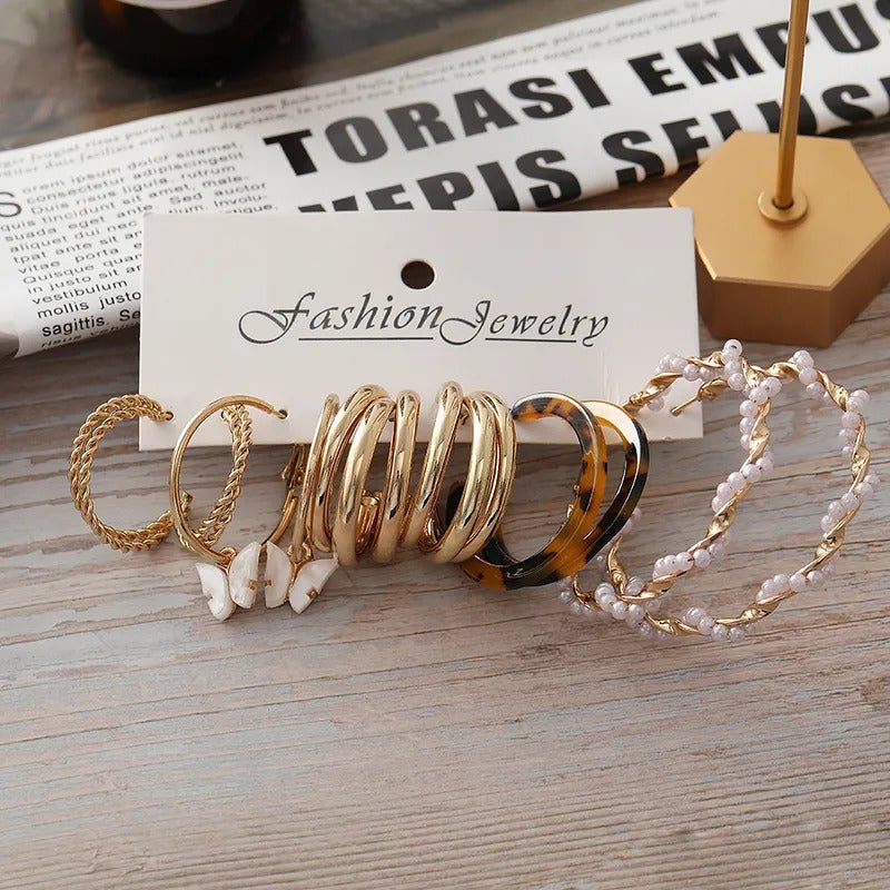 5pc multi gold hoops, faux mother of pearl butterfly charm earrings set fashion jewelry 5pc multi gold hoops, faux mother of pearl butterfly charm earrings set fashion jewelry