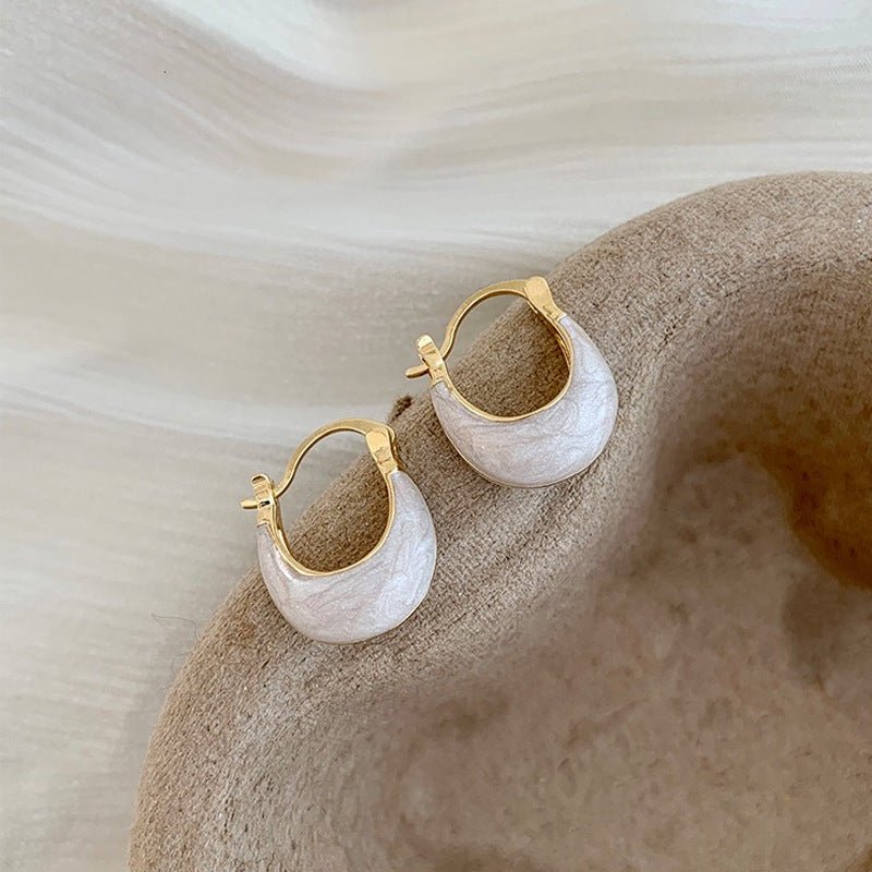 elegant horseshoe hoop earrings, pearlescent white enamel fashion jewelry